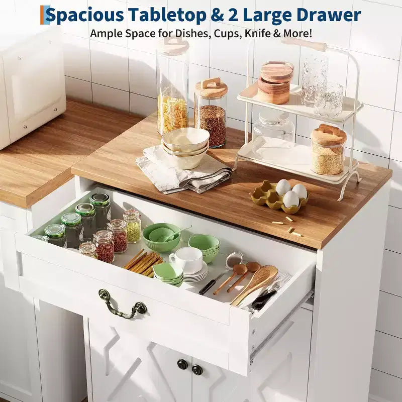 Meuble de Bar à Café de Ferme, Blanc, avec 2 Portes, Tiroir, Étagère Réglable, Capacité de 68 kgAssemblage Facile pour Cuisine, Salle à Manger, Entrée