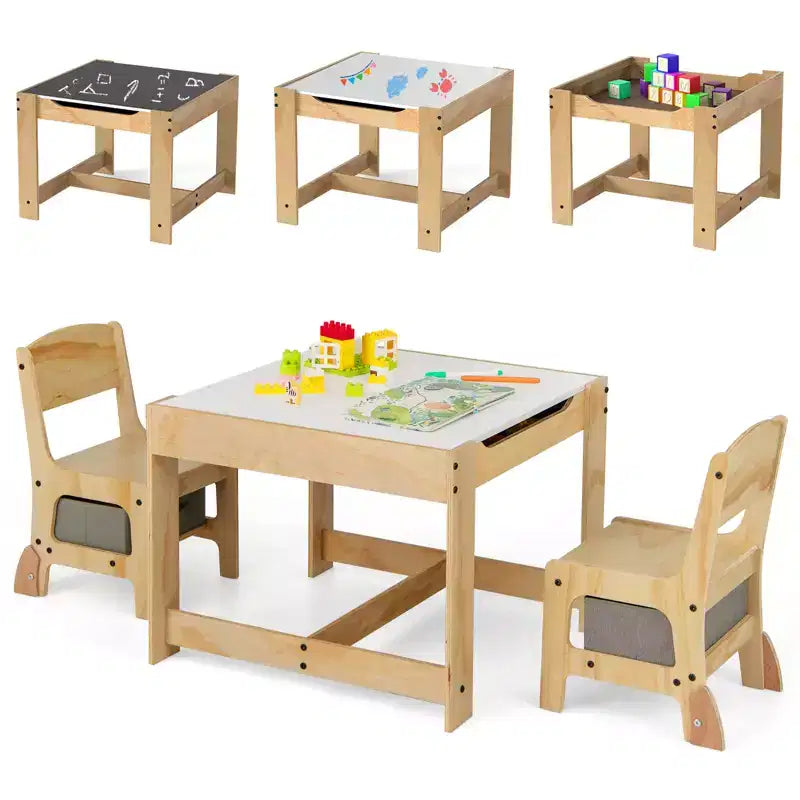 Costway Ensemble Table et Chaises 3-en-1 pour Enfants avec Plateau Réversible Tableau Blanc/Noir et Rangement Caché