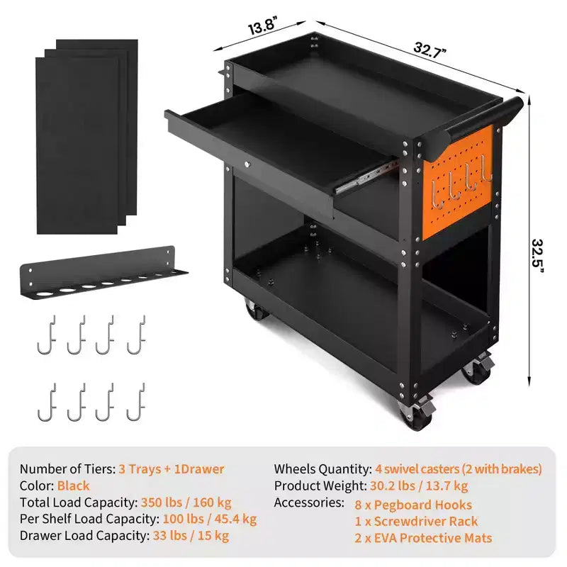 Servante d'atelier roulante 4 niveaux résistante avec roues, capacité de 159 kg, tiroir verrouillable et panneaux perforés latéraux, organisateur de rangement d'outils pour mécanicien