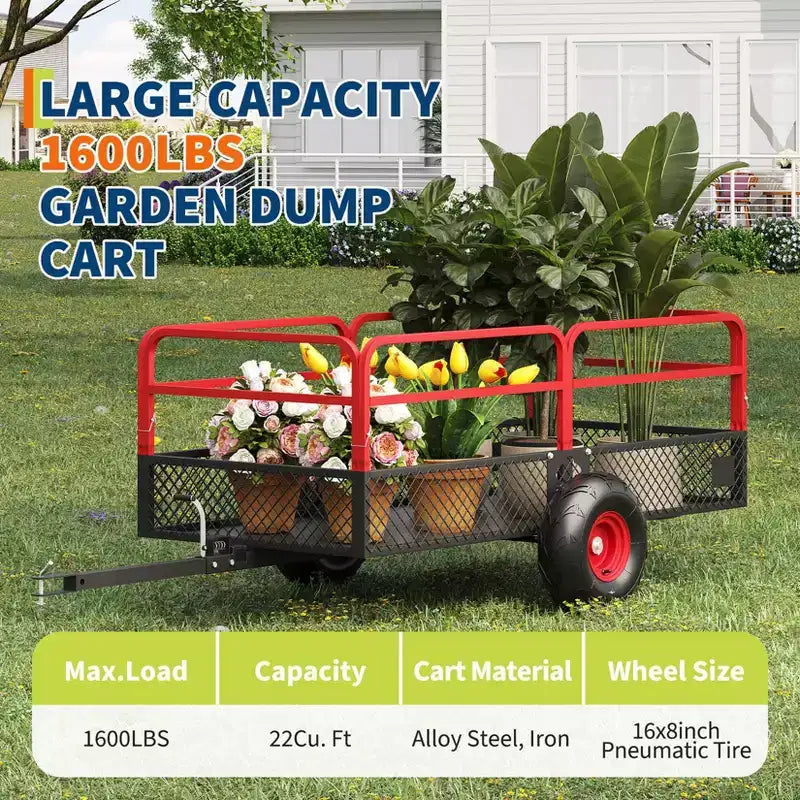 Remorque basculante en acier à atteler, 1600 lbs 22 pieds cubes, usage intensif, pour jardin et cour, avec parois amovibles et pneus tout-terrain, compatible avec tondeuses à gazon et tracteurs