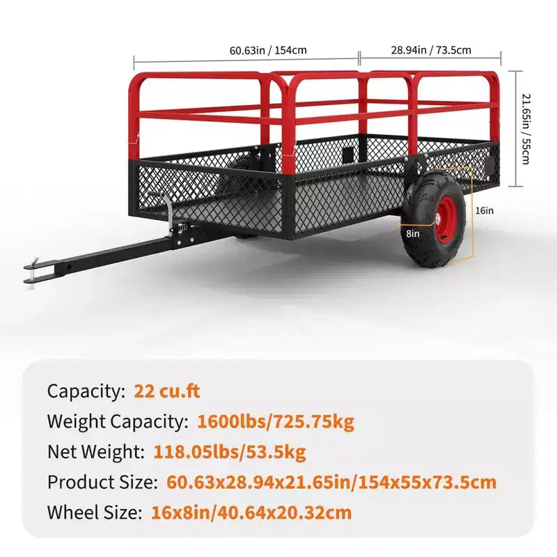 Remorque basculante en acier à atteler, 1600 lbs 22 pieds cubes, usage intensif, pour jardin et cour, avec parois amovibles et pneus tout-terrain, compatible avec tondeuses à gazon et tracteurs