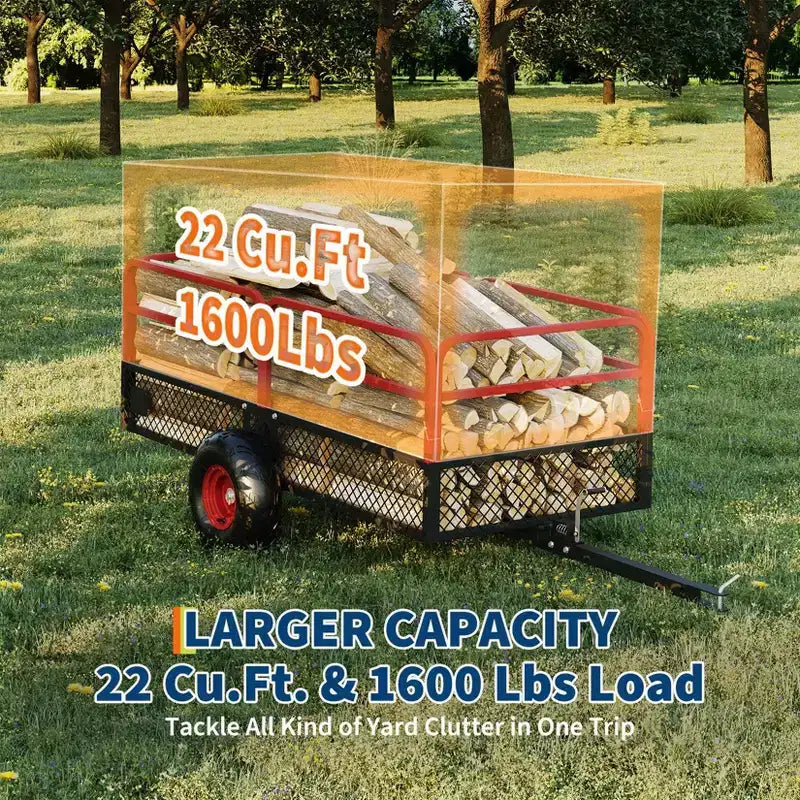 Remorque basculante en acier à atteler, 1600 lbs 22 pieds cubes, usage intensif, pour jardin et cour, avec parois amovibles et pneus tout-terrain, compatible avec tondeuses à gazon et tracteurs