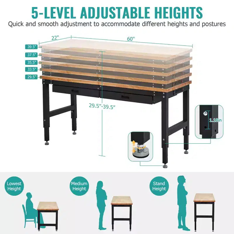 Établi de 152 cm, table de travail avec plateau en bois d'hévéa, 2 tiroirs et panneau perforé, établi réglable en hauteur de 1360 kg avec prises électriques