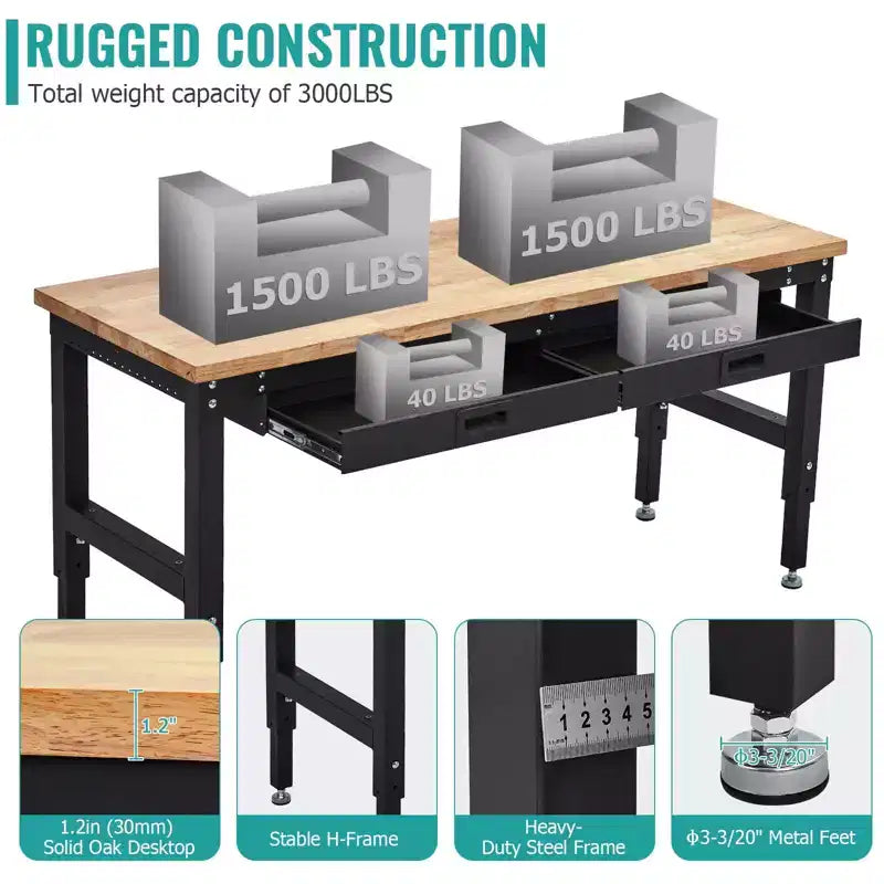 Établi de 152 cm, table de travail avec plateau en bois d'hévéa, 2 tiroirs et panneau perforé, établi réglable en hauteur de 1360 kg avec prises électriques
