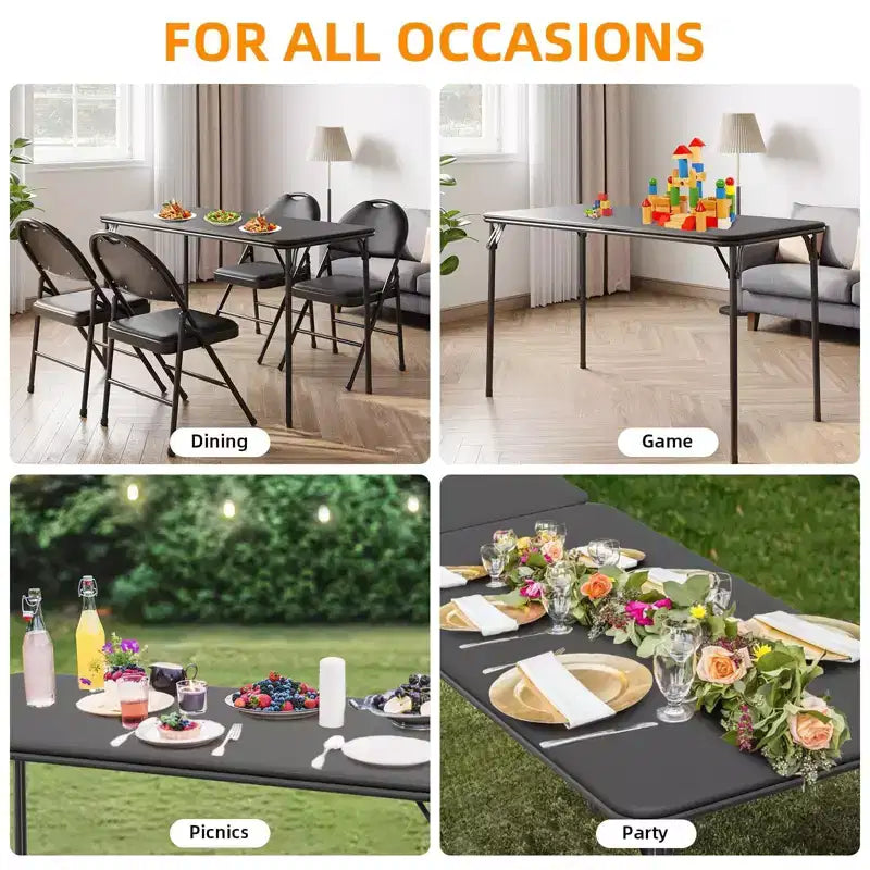 Table Pliante de 120 cm avec Plateau en Cuir PU Rembourré, Pieds en Métal Robuste, Conception Pliable et Support d'Étagère, Aucun Assemblage Requis