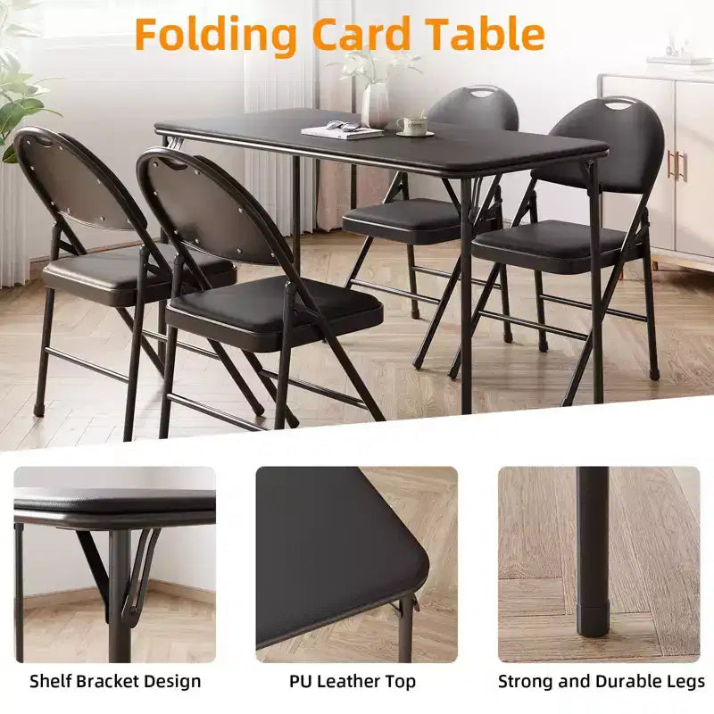 Table Pliante de 120 cm avec Plateau en Cuir PU Rembourré, Pieds en Métal Robuste, Conception Pliable et Support d'Étagère, Aucun Assemblage Requis