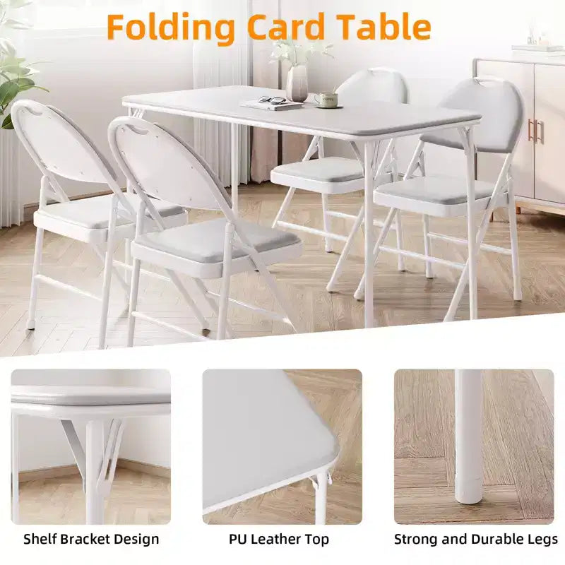 Table Pliante de 120 cm avec Plateau en Cuir PU Rembourré, Pieds en Métal Robuste, Conception Pliable et Support d'Étagère, Aucun Assemblage Requis