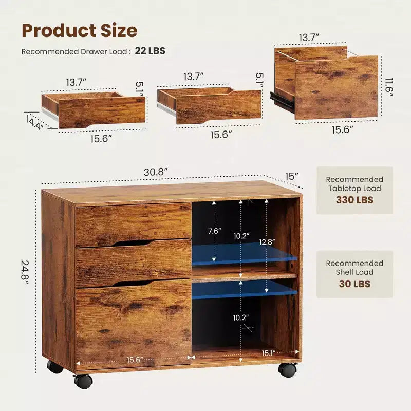 JIONJOY Classeur mobile verrouillable à 3 tiroirs de 79,5 cm de large - Rangement de documents A4, meuble roulant sous bureau avec gestion des câbles pour bureau à domicile