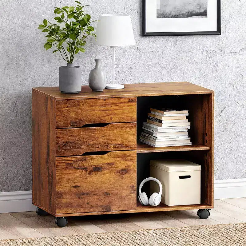 JIONJOY Classeur mobile verrouillable à 3 tiroirs de 79,5 cm de large - Rangement de documents A4, meuble roulant sous bureau avec gestion des câbles pour bureau à domicile