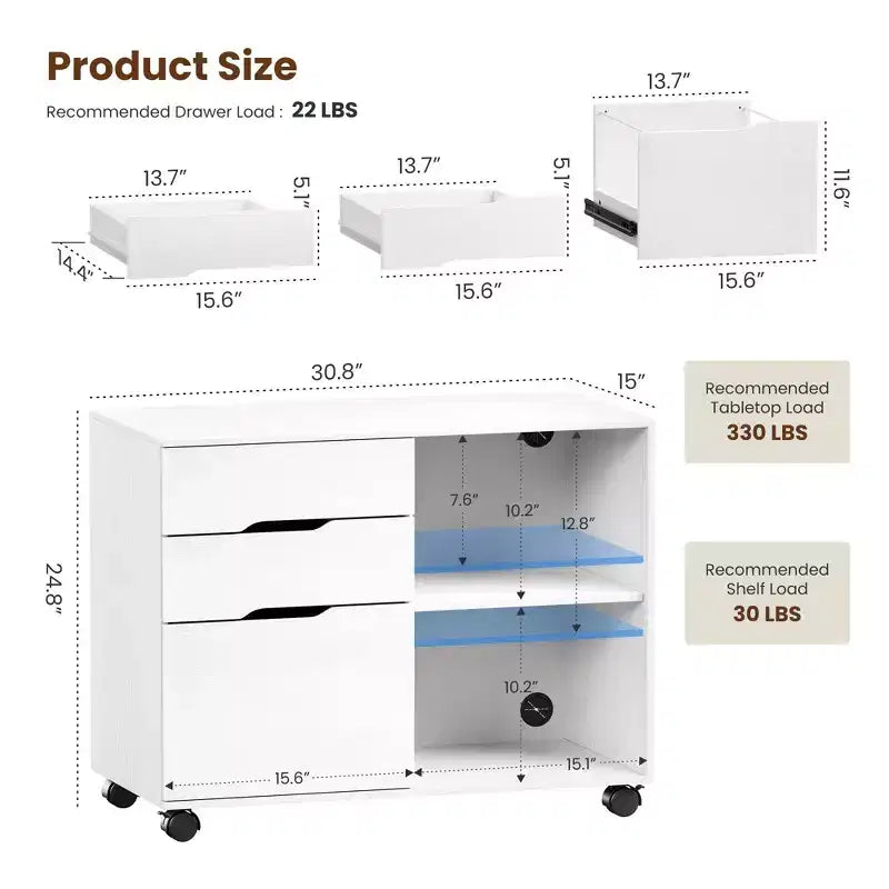 JIONJOY Classeur mobile verrouillable à 3 tiroirs de 79,5 cm de large - Rangement de documents A4, meuble roulant sous bureau avec gestion des câbles pour bureau à domicile