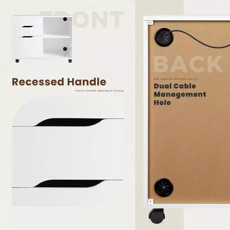 JIONJOY Classeur mobile verrouillable à 3 tiroirs de 79,5 cm de large - Rangement de documents A4, meuble roulant sous bureau avec gestion des câbles pour bureau à domicile