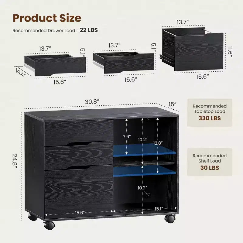 JIONJOY Classeur mobile verrouillable à 3 tiroirs de 79,5 cm de large - Rangement de documents A4, meuble roulant sous bureau avec gestion des câbles pour bureau à domicile
