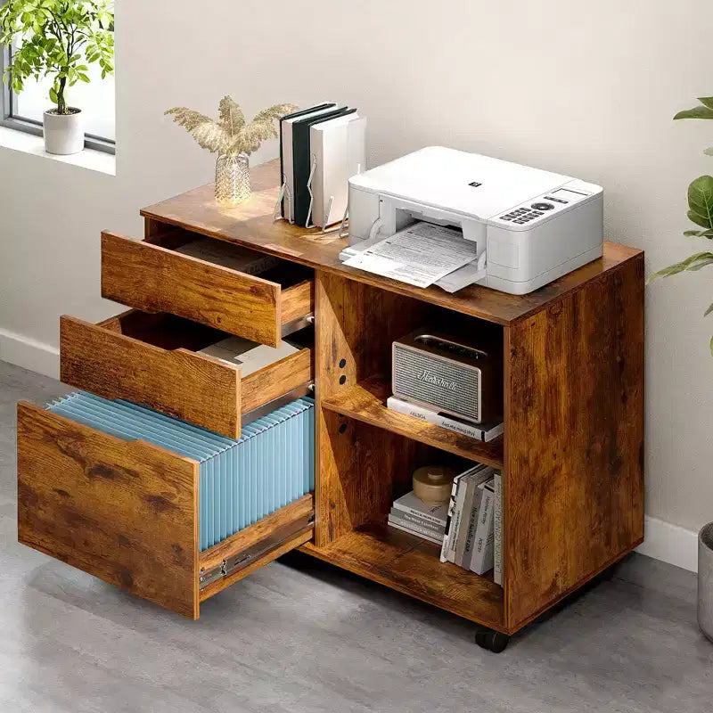 JIONJOY Classeur mobile verrouillable à 3 tiroirs de 79,5 cm de large - Rangement de documents A4, meuble roulant sous bureau avec gestion des câbles pour bureau à domicile