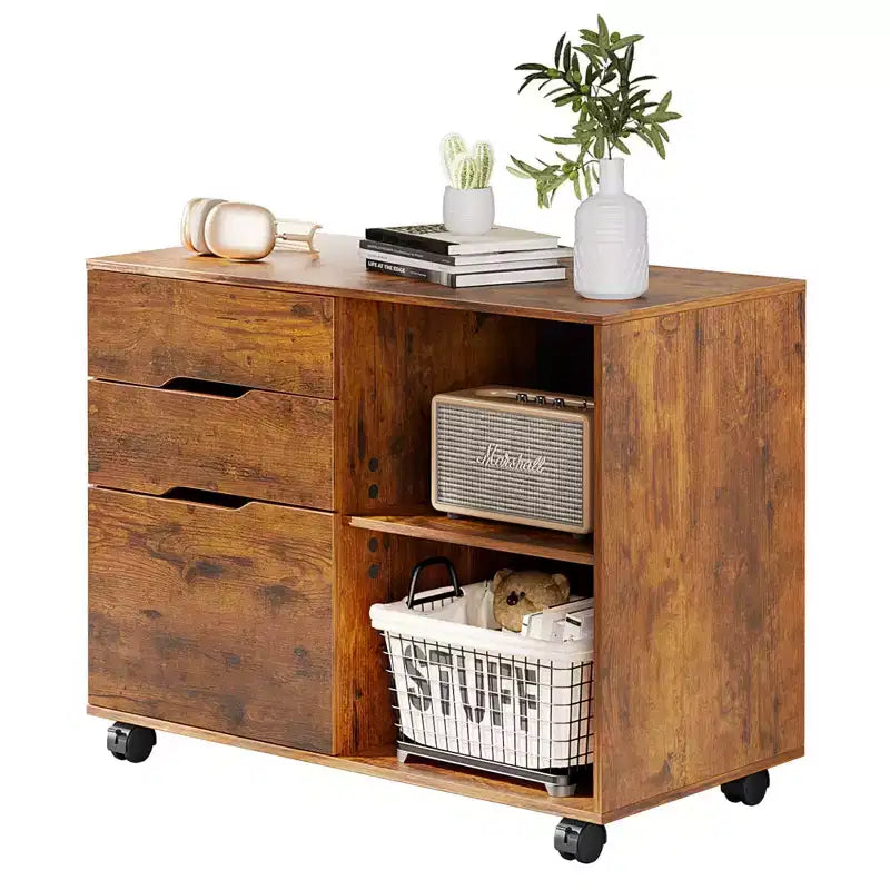 JIONJOY Classeur mobile verrouillable à 3 tiroirs de 79,5 cm de large - Rangement de documents A4, meuble roulant sous bureau avec gestion des câbles pour bureau à domicile