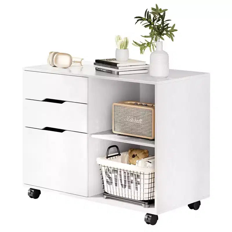 JIONJOY Classeur mobile verrouillable à 3 tiroirs de 79,5 cm de large - Rangement de documents A4, meuble roulant sous bureau avec gestion des câbles pour bureau à domicile