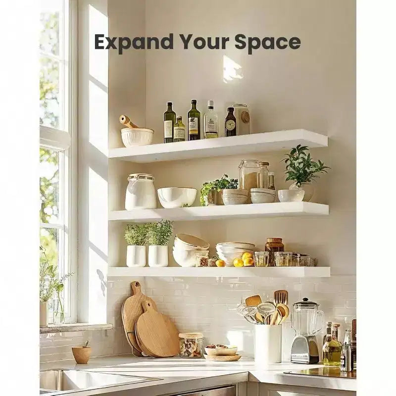 Ensemble de 3 étagères murales flottantes blanches de 60 cm de long pour salle de bain, salon, chambre à coucher, cuisine, décoration murale avec supports