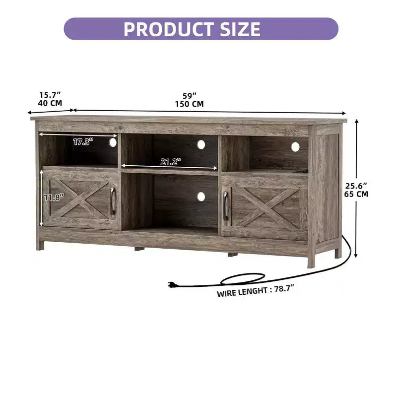 Meuble TV de ferme pour téléviseurs de 65 pouces, meuble TV LED avec armoires, prise de courant, console multimédia pour salon, gris délavé