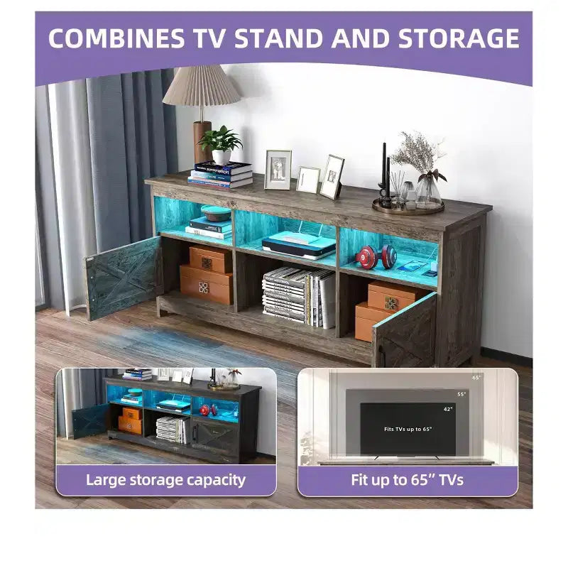 Meuble TV de ferme pour téléviseurs de 65 pouces, meuble TV LED avec armoires, prise de courant, console multimédia pour salon, gris délavé
