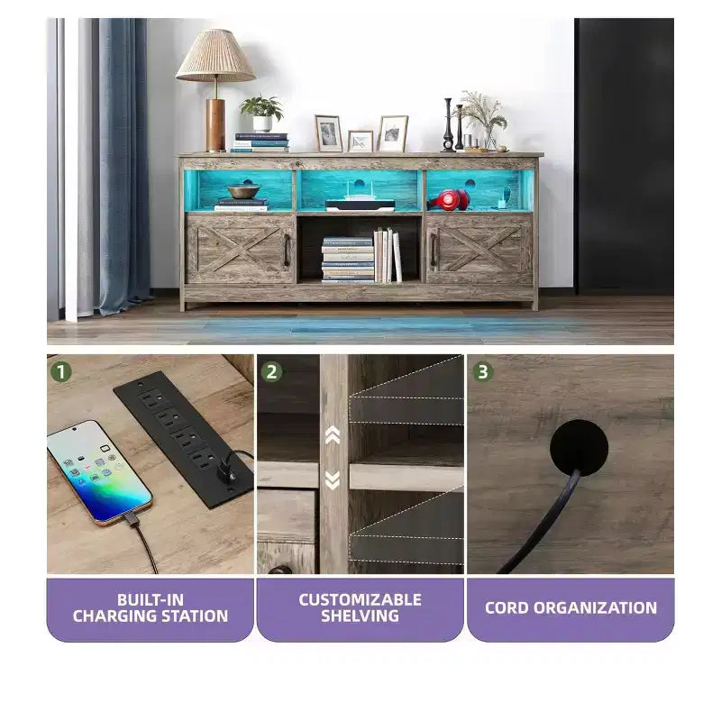 Meuble TV de ferme pour téléviseurs de 65 pouces, meuble TV LED avec armoires, prise de courant, console multimédia pour salon, gris délavé