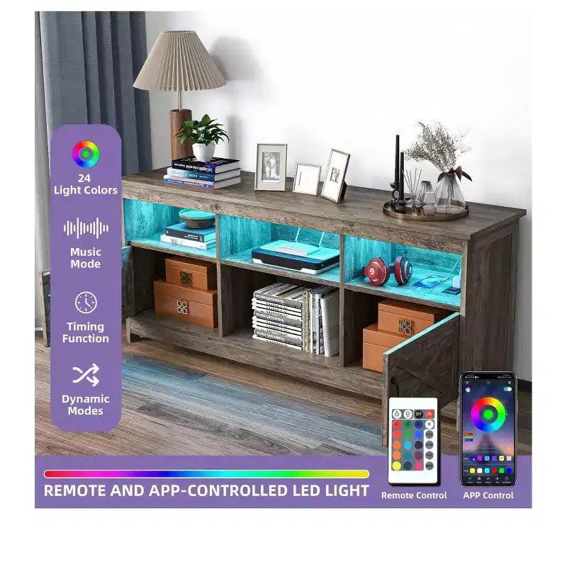 Meuble TV de ferme pour téléviseurs de 65 pouces, meuble TV LED avec armoires, prise de courant, console multimédia pour salon, gris délavé