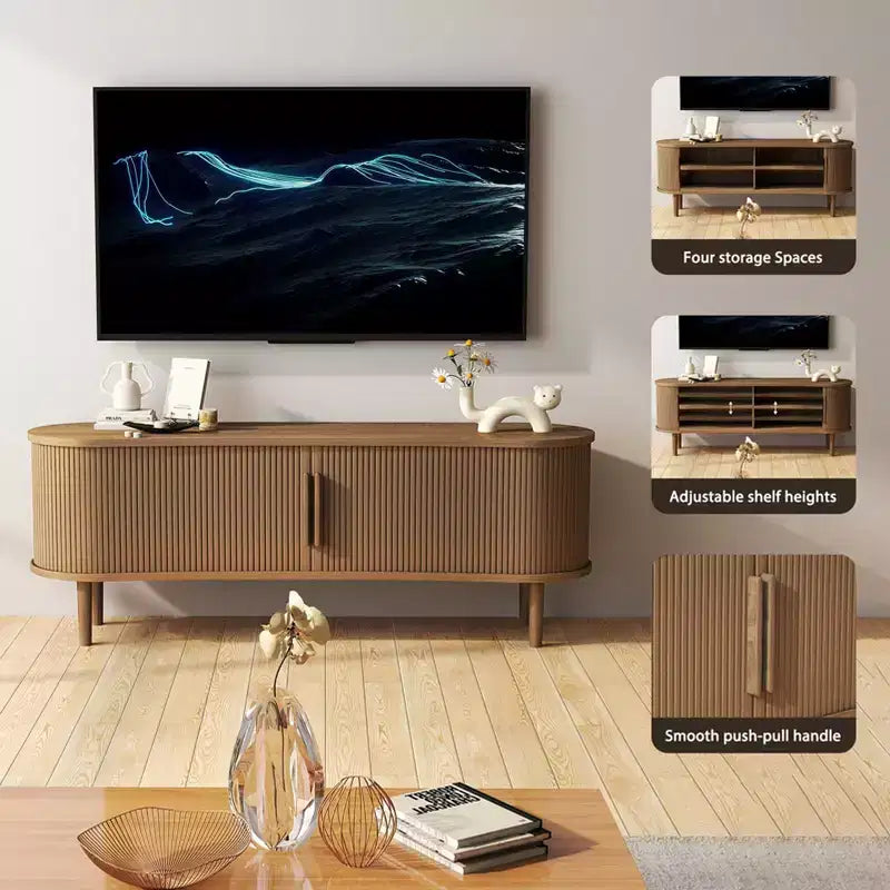Meuble TV AEELLEEA, en MDF, console multimédia, meuble TV de style moderne du milieu du siècle avec rangement et portes à poignées pour salon, bureau, (Noyer)