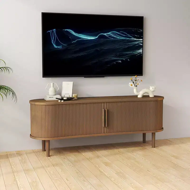 Meuble TV AEELLEEA, en MDF, console multimédia, meuble TV de style moderne du milieu du siècle avec rangement et portes à poignées pour salon, bureau, (Noyer)