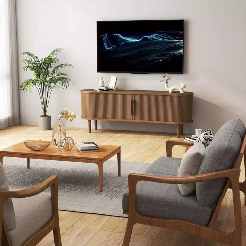 Meuble TV AEELLEEA, en MDF, console multimédia, meuble TV de style moderne du milieu du siècle avec rangement et portes à poignées pour salon, bureau, (Noyer)