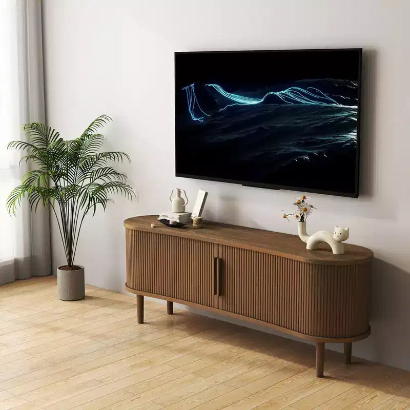 Meuble TV AEELLEEA, en MDF, console multimédia, meuble TV de style moderne du milieu du siècle avec rangement et portes à poignées pour salon, bureau, (Noyer)