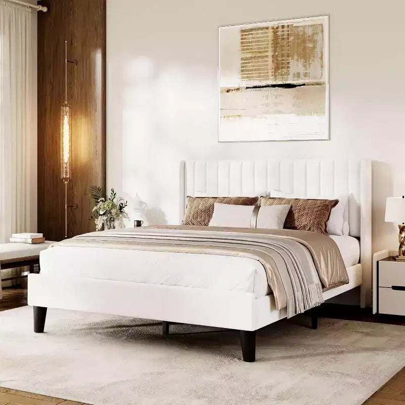 Acekool Upholstered Platform Bed Frame with Padded Velvet Headboard, Modern Wingback Bed Base with Wooden Slats, Under Bed Storage