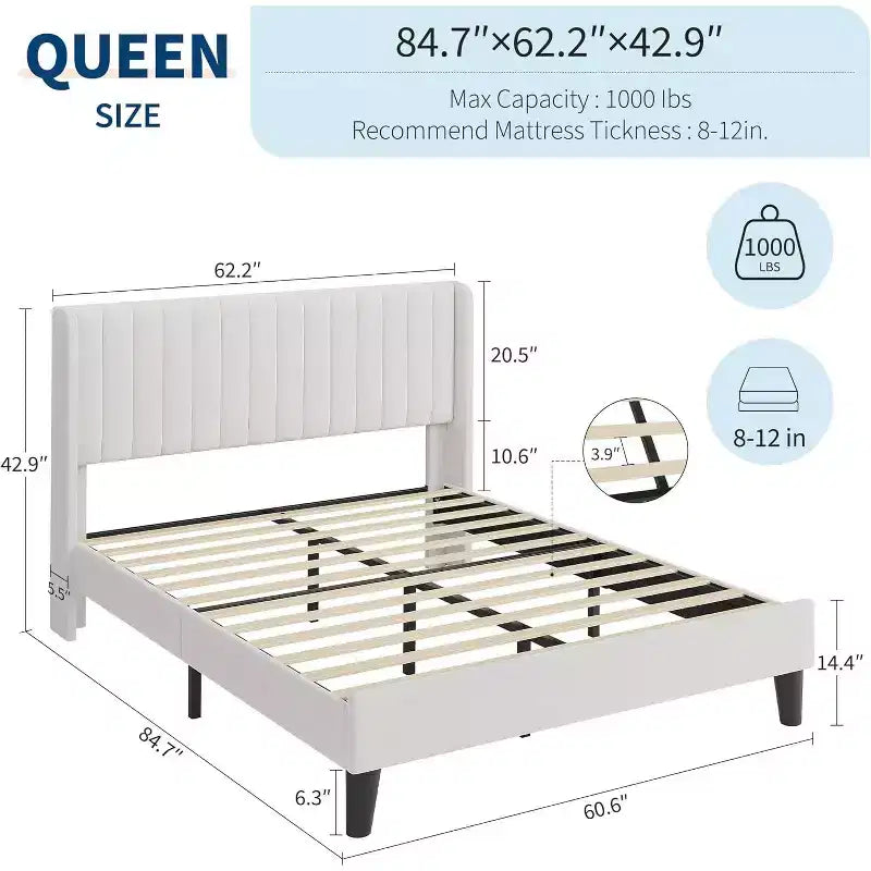 Lit plateforme rembourré Acekool avec tête de lit en velours capitonné, sommier moderne à oreilles avec lattes en bois, rangement sous le lit