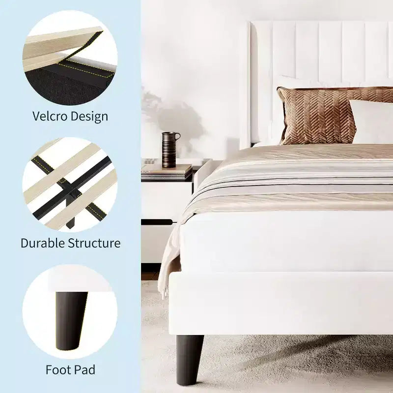 Lit plateforme rembourré Acekool avec tête de lit en velours capitonné, sommier moderne à oreilles avec lattes en bois, rangement sous le lit