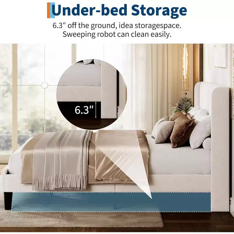 Lit plateforme rembourré Acekool avec tête de lit en velours capitonné, sommier moderne à oreilles avec lattes en bois, rangement sous le lit