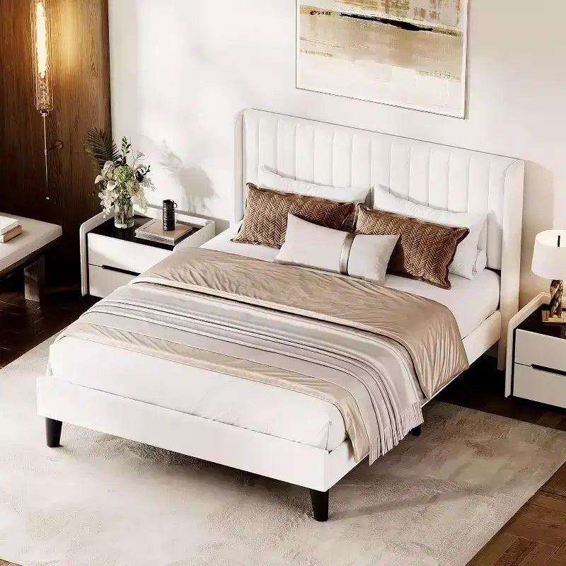Lit plateforme rembourré Acekool avec tête de lit en velours capitonné, sommier moderne à oreilles avec lattes en bois, rangement sous le lit