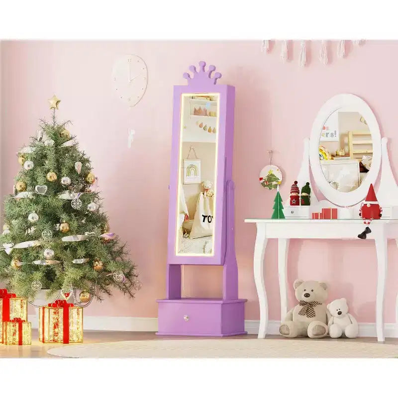 Boîte à bijoux pour enfant, avec miroir pleine longueur et 3 tiroirs de rangement, sur pied, pour fille
