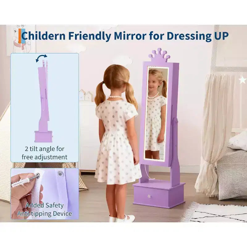 Boîte à bijoux pour enfant, avec miroir pleine longueur et 3 tiroirs de rangement, sur pied, pour fille