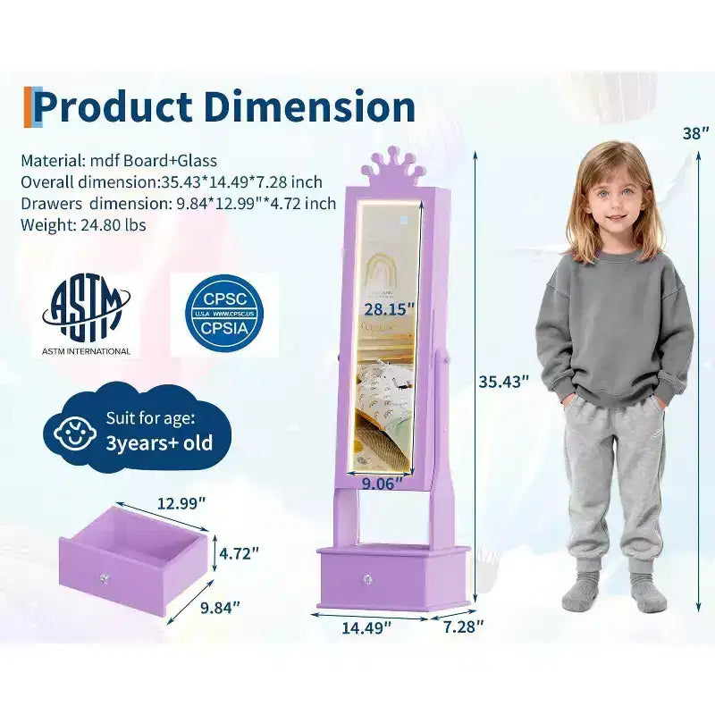 Boîte à bijoux pour enfant, avec miroir pleine longueur et 3 tiroirs de rangement, sur pied, pour fille