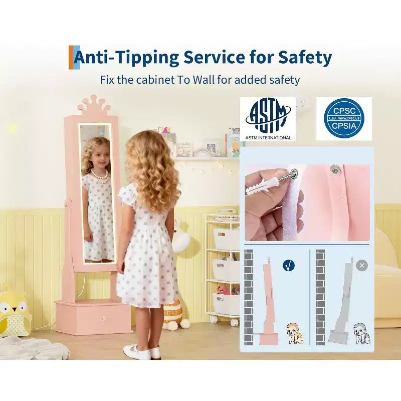 Boîte à bijoux pour enfant, avec miroir pleine longueur et 3 tiroirs de rangement, sur pied, pour fille
