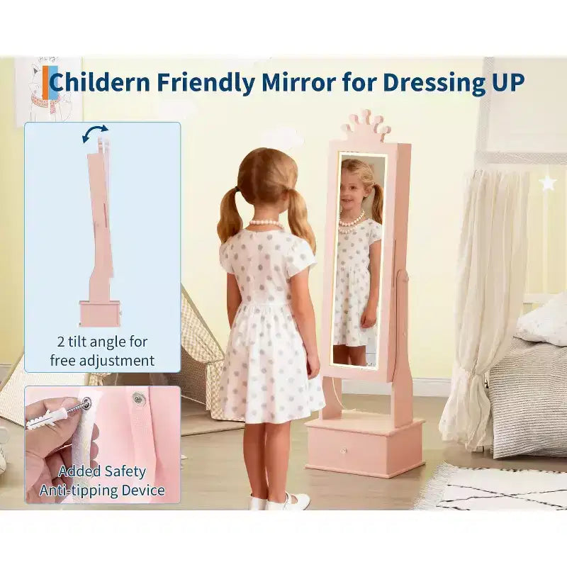 Boîte à bijoux pour enfant, avec miroir pleine longueur et 3 tiroirs de rangement, sur pied, pour fille