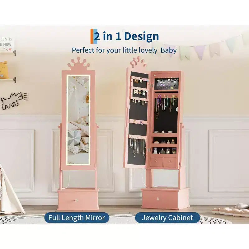 Boîte à bijoux pour enfant, avec miroir pleine longueur et 3 tiroirs de rangement, sur pied, pour fille