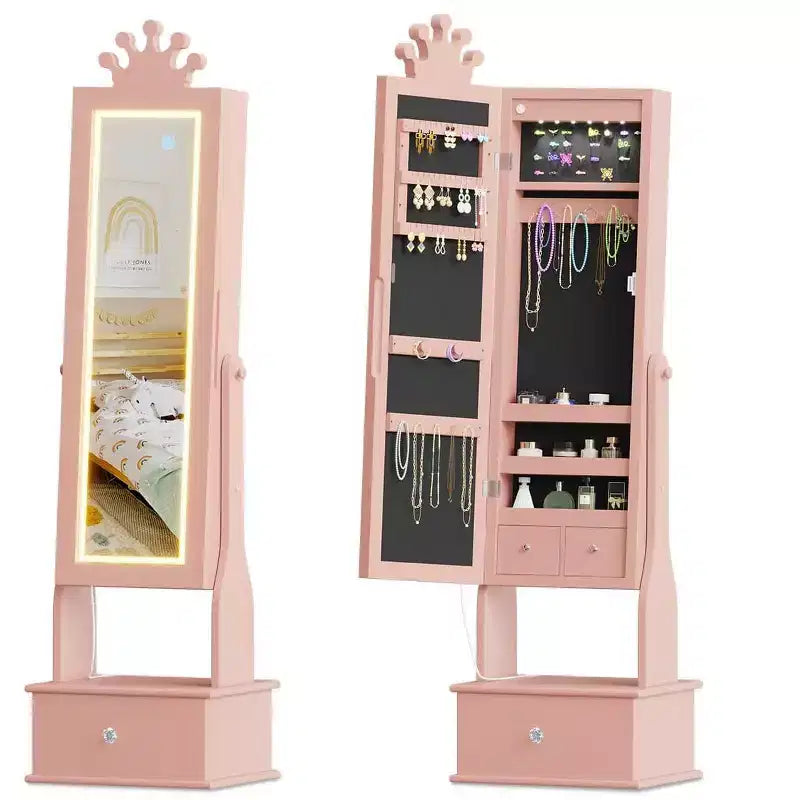 Kids Jewelry Armoire, Freestanding Vanity Full-Length Mirror & 3 Storage Drawers for Girls