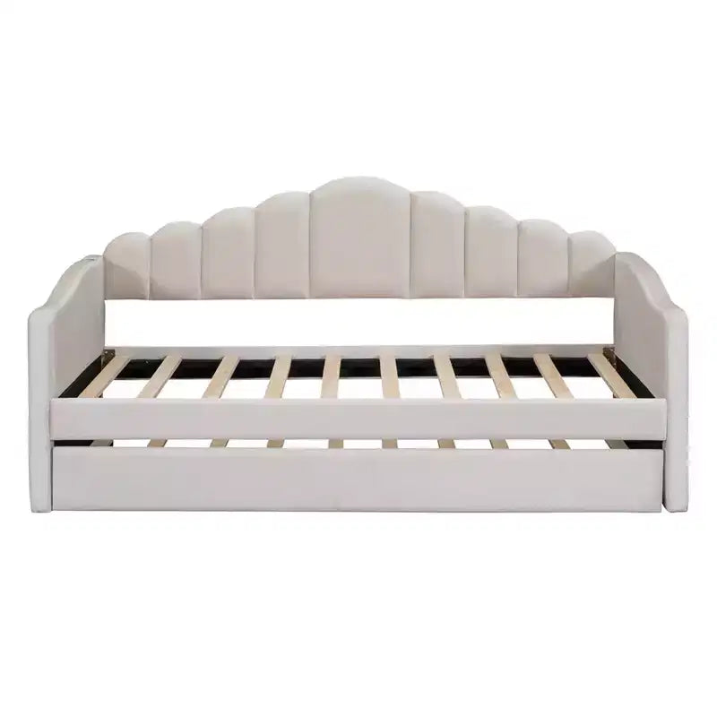 Lit de repos tapissé double avec lit gigogne, lit de repos en velours avec ports de chargement USB, pas besoin de sommier tapissier