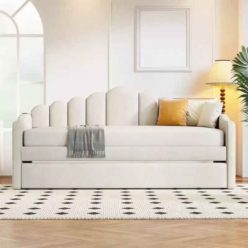 Lit de repos tapissé double avec lit gigogne, lit de repos en velours avec ports de chargement USB, pas besoin de sommier tapissier
