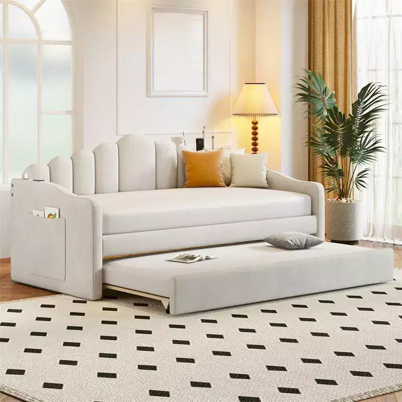 Lit de repos tapissé double avec lit gigogne, lit de repos en velours avec ports de chargement USB, pas besoin de sommier tapissier