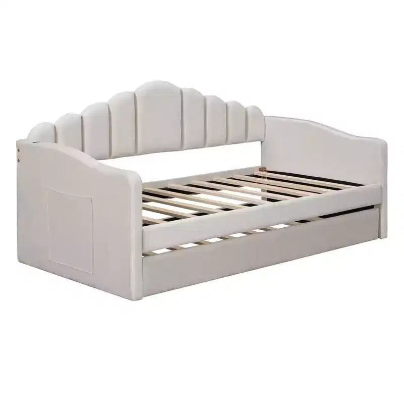 Lit de repos tapissé double avec lit gigogne, lit de repos en velours avec ports de chargement USB, pas besoin de sommier tapissier