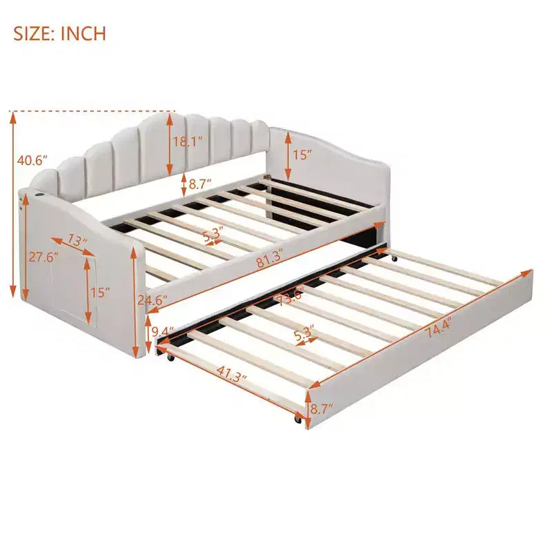 Lit de repos tapissé double avec lit gigogne, lit de repos en velours avec ports de chargement USB, pas besoin de sommier tapissier