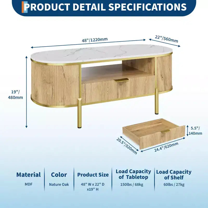 Table basse ovale de 48 po avec rangement, plateau en faux marbre et pieds en métal doré, table centrale en bois entièrement assemblée pour salon ou bureau