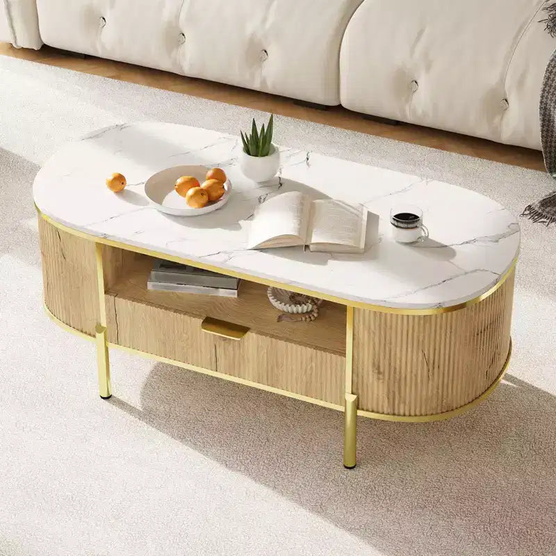 Table basse ovale de 48 po avec rangement, plateau en faux marbre et pieds en métal doré, table centrale en bois entièrement assemblée pour salon ou bureau