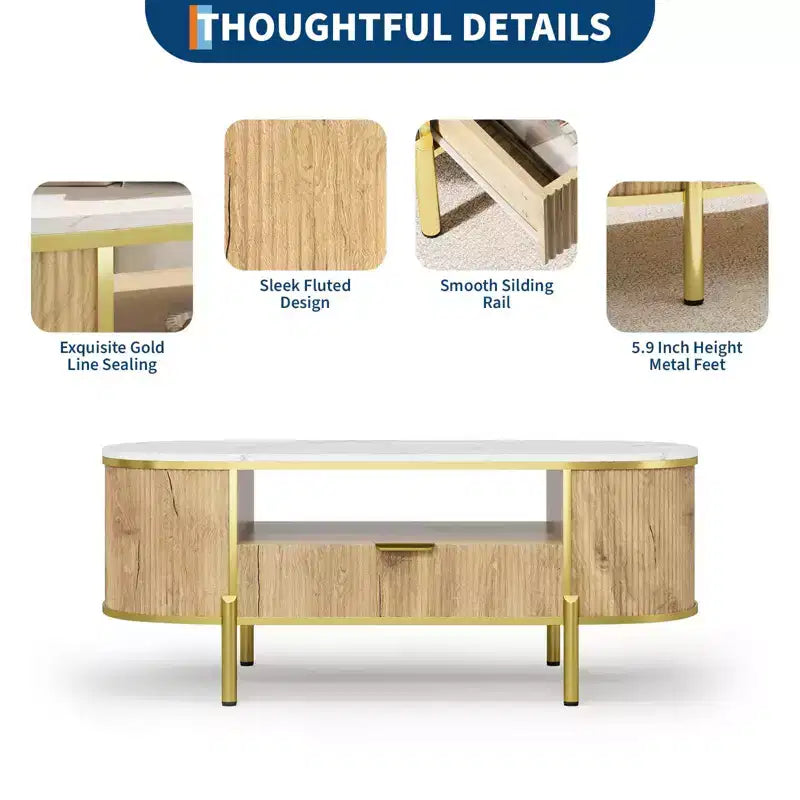 Table basse ovale de 48 po avec rangement, plateau en faux marbre et pieds en métal doré, table centrale en bois entièrement assemblée pour salon ou bureau
