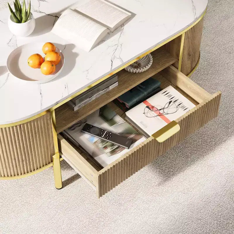 Table basse ovale de 48 po avec rangement, plateau en faux marbre et pieds en métal doré, table centrale en bois entièrement assemblée pour salon ou bureau