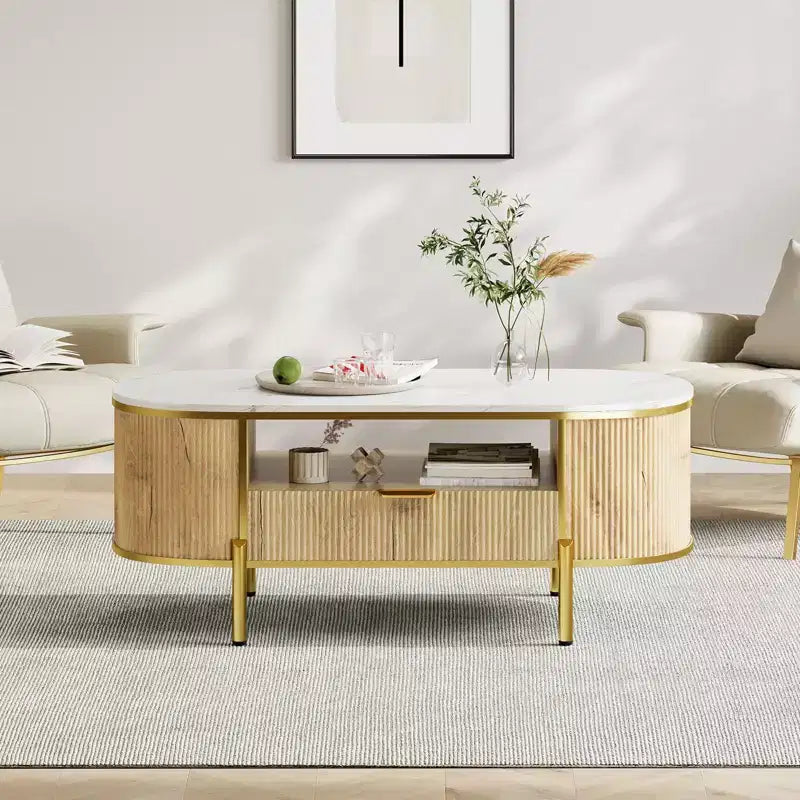 Table basse ovale de 48 po avec rangement, plateau en faux marbre et pieds en métal doré, table centrale en bois entièrement assemblée pour salon ou bureau